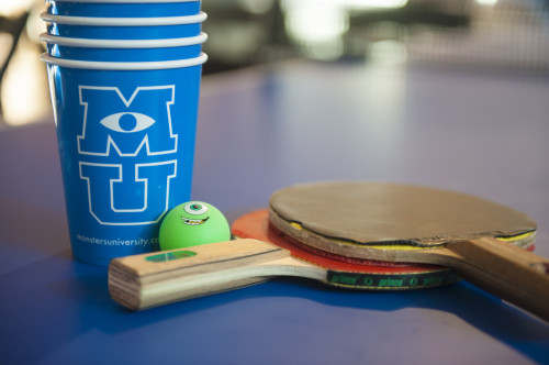 Playing "Fear Pong" at Monsters University Long Lead Press Days at Pixar Animation Studios. Emeryville, California. April 10, 2013 (Photo by Jessica Lifland/Pixar)