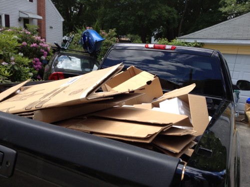 The First load of cardboard and Styrofoam in the GMC Sierra Denali