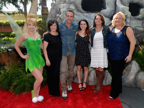 BURBANK, CA - MARCH 22: (L-R) Tinker Bell, director Peggy Holmes , voice actors Carlos Ponce and Mae Whitman, producer Jenni Magee Cook and Senior Vice President of DisneyToon Studios Meredith Roberts attend Disney's "The Pirate Fairy" World Premiere at Walt Disney Studios on March 22, 2014 in Burbank, California. On Blu-ray and Digital HD April 1.  (Photo by Alberto E. Rodriguez/Getty Images for Disney)