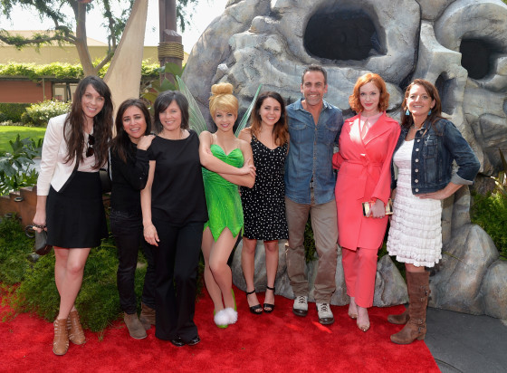 BURBANK, CA - MARCH 22:  (L-R) Voice actors Angela Bartys and Pamela Adlon, director Peggy Holmes, Tinker Bell, voice actors Mae Whitman, Carlos Ponce and Christina Hendricks and producer Jenni Magee Cook attend Disney's "The Pirate Fairy" World Premiere at Walt Disney Studios on March 22, 2014 in Burbank, California. On Blu-ray and Digital HD April 1.  (Photo by Alberto E. Rodriguez/Getty Images for Disney)