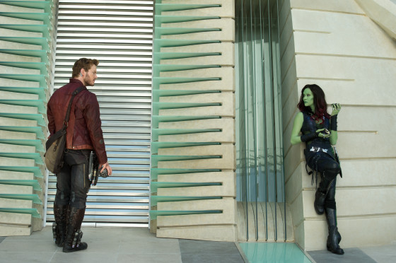 Star-Lord AKA Peter Quill played by Chris Pratt) and Gamora played by Zoe Saldana