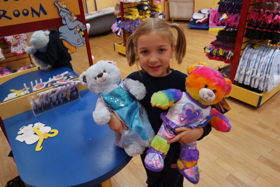 Eva with her bear, Cuddles and the donation bear, Hearts