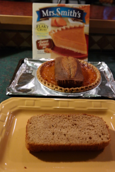 Pumpkin Loaf sliced lengthwise in half and Mrs. Smith Sweet Potato Pie