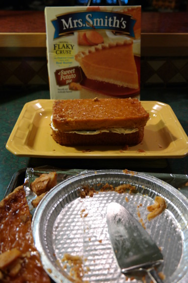 Mrs. Smith Sweet Potato Pie sliced to fit on top of the bottom of the Pumpkin Loaf with Cool Whip Between