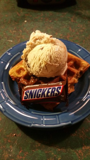 #BigGameTreats Snickers Waffle #Ad #CollectiveBias - Snickers Waffle with Ice Cream and a Fun Size Snickers