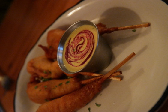 Corndog Shrimp with Honey Mustard and a blueberry swirl.