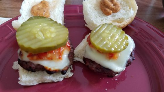 Mini Sliders with Wickles and sriracha Mustard