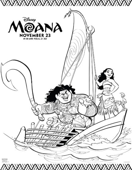 Moana and Maui on a Boat Coloring Page