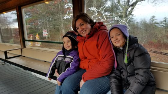 Allison and the kids on the train at Edaville