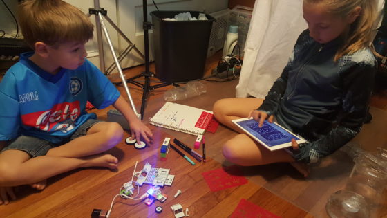 The kids test out sounds with the droid inventor kit