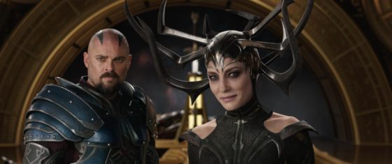 Karl Urban as Skurge with Cate Blanchett as Hela