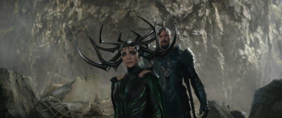 Karl Urban as Skurge with Cate Blanchett as Hela